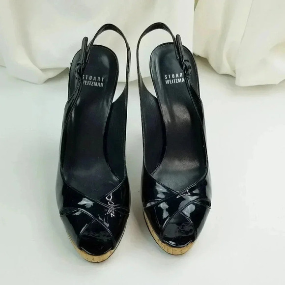 Stuart Weitzman 10M Exsling Peep Toe Slingback Cork Platform Heels Black Patent - Picture 10 of 12
